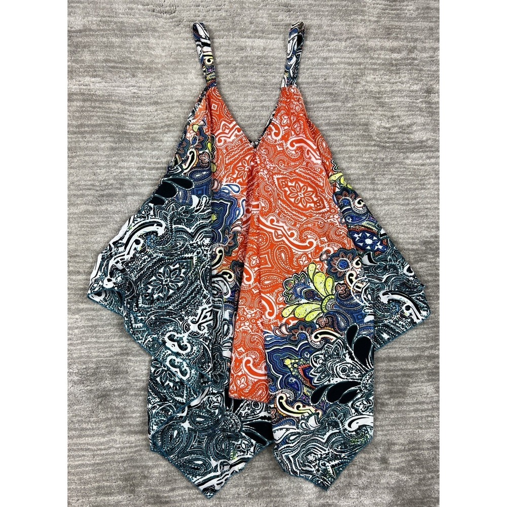 Unique Spectrum Tank Top Womens 1X Orange Paisley Handkerchief Hem Sleeveless